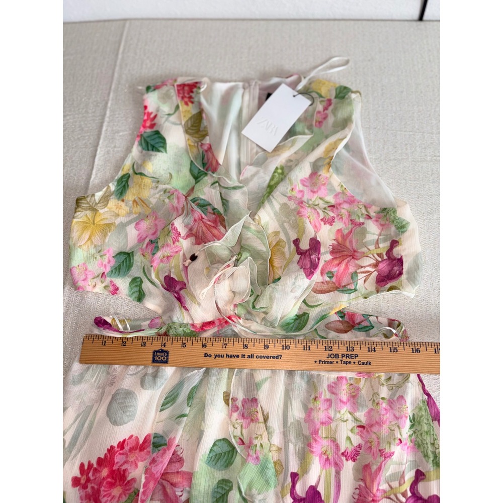 Zara Floral Cut-Out Midi Dress XL Cream Pink New Ruffle V-Neck Fairycore party - Picture 8 of 16